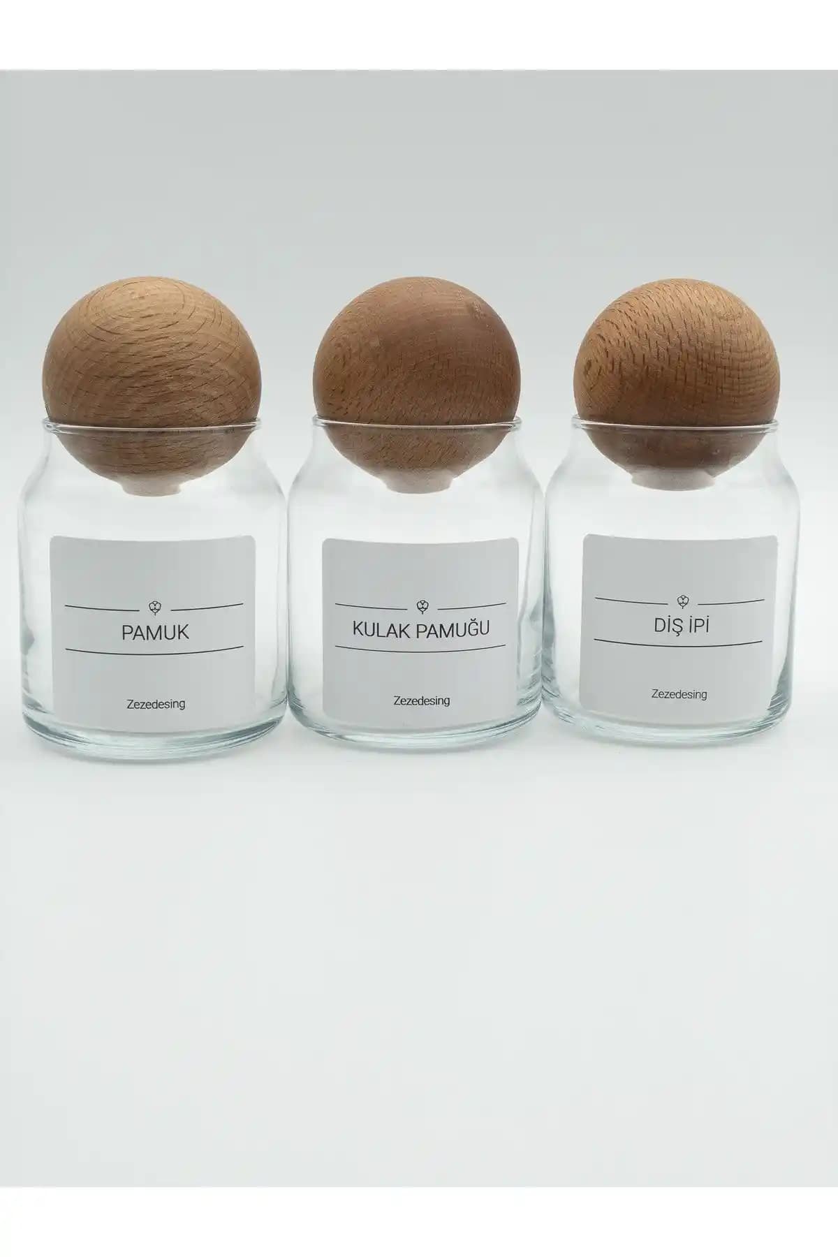 Zeze Design Dekoratif Ahşap Top Kapaklı Kavanoz 300ml Pamuk ve Diş İpi Saklama