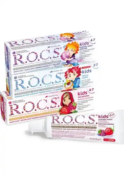 R.O.C.S. Kids Yaş Karma Tat Paketi: Üç Farklı Tad İçeren 45 g X 3 Çocuk Diş Macunu Seti