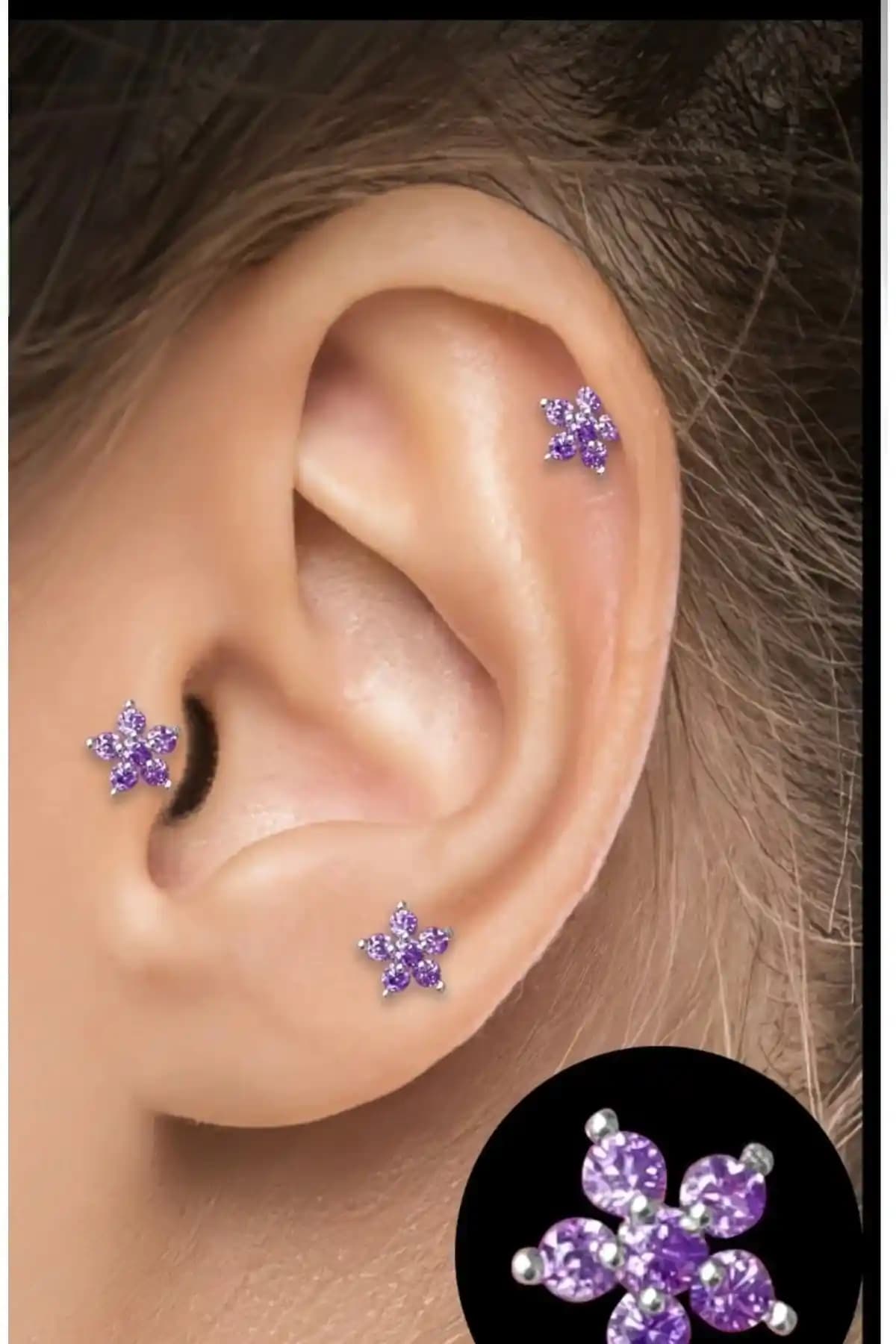 BY DİLEK ÇETİN ACCESSORY Çelik Ametis Taşlı Piercing: Şık ve Dayanıklı Kıkırdak Takısı