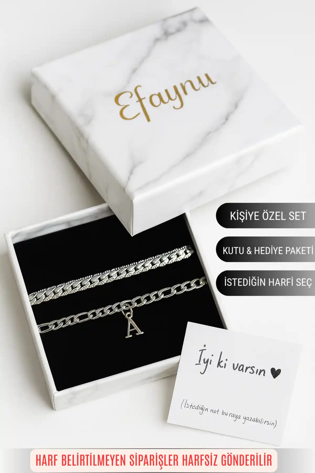 EFAYNU Harfli Paslanmaz Çelik Bileklik Seti Uzun Ömürlü ve Kişiye Özel Tasarım