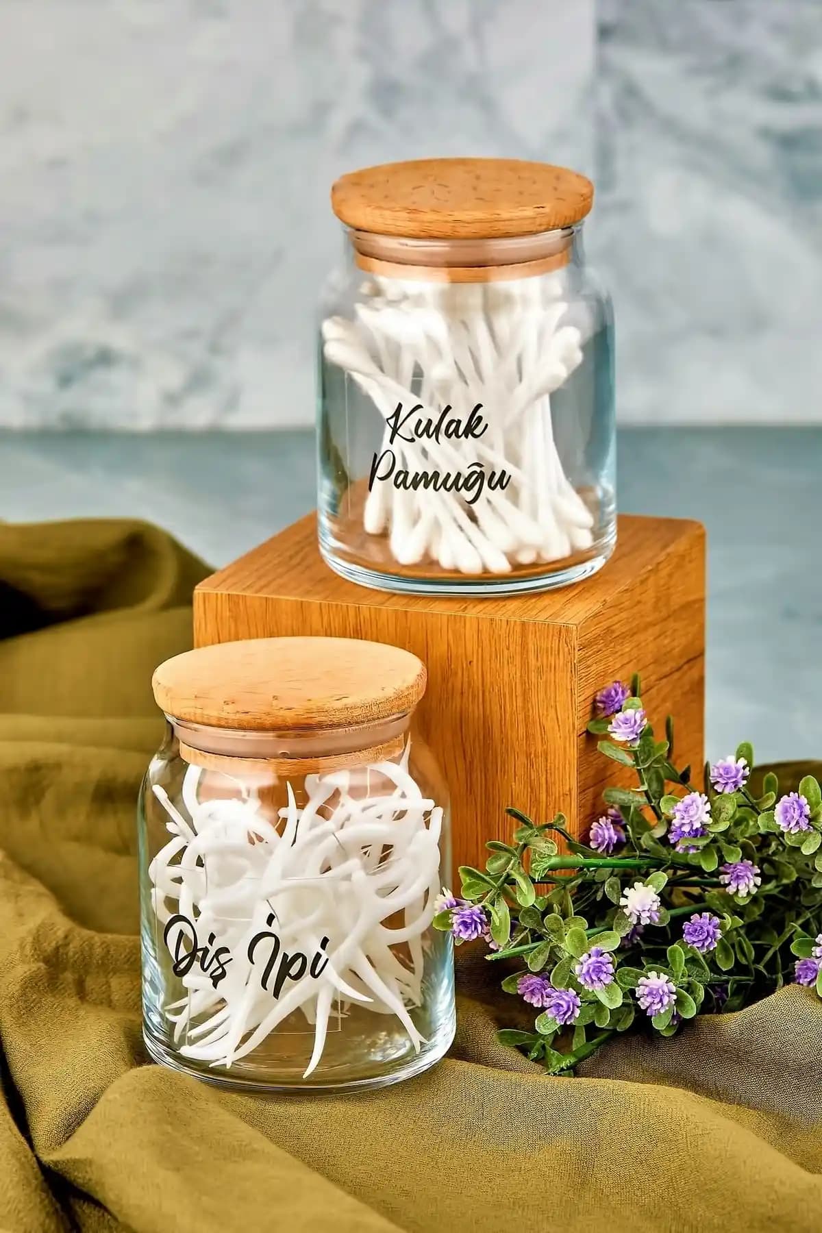 FBZhome 2'li Şeffaf Ahşap Kapaklı Diş İpi ve Kulak Pamuğu Organizeri