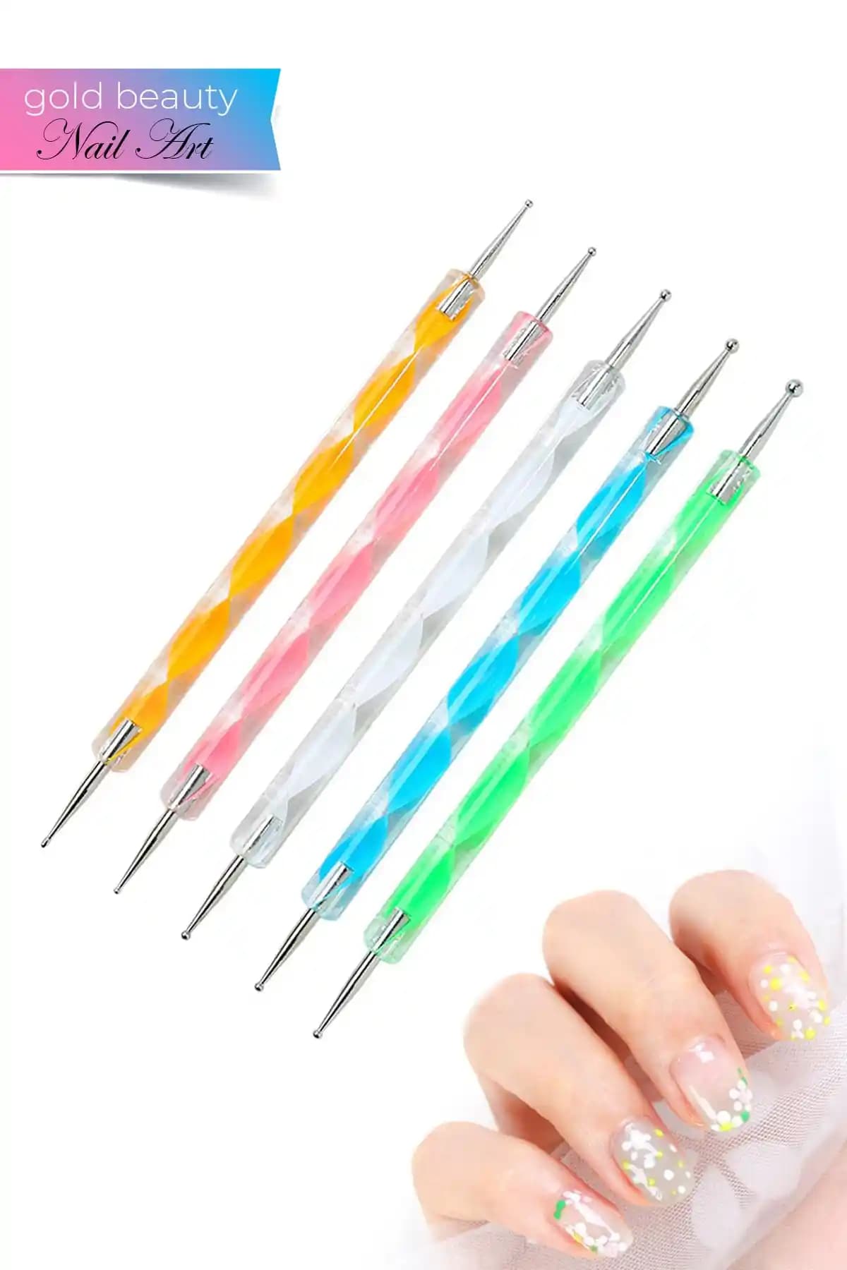 Gold Beauty Nail Art Tırnak Süsleme Kalemi Seti 5'li Çok Renkli ve Kullanışlı Tasarım