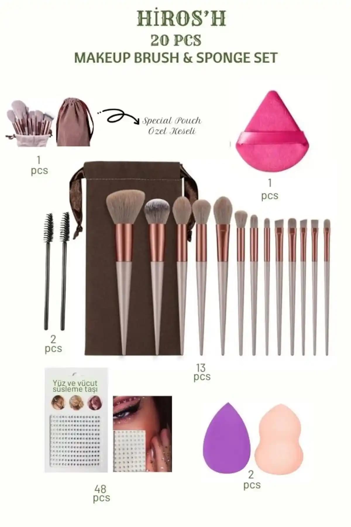 HİROS'H 20 Parça Lüx Makyaj Fırça Seti: Kaliteli ve Estetik Tasarım ile Makyaj Deneyiminizi Geliştirin