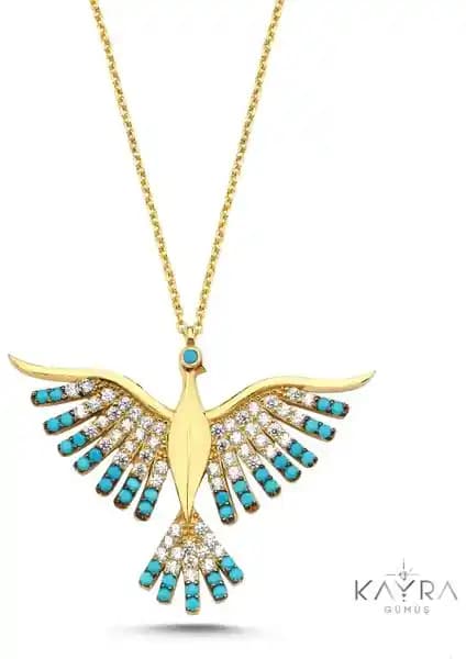 Kayra Mücevher Mavi Taşlı Anka Kuşu Altın Kaplama Kolye - Şık ve Dayanıklı Tasarım