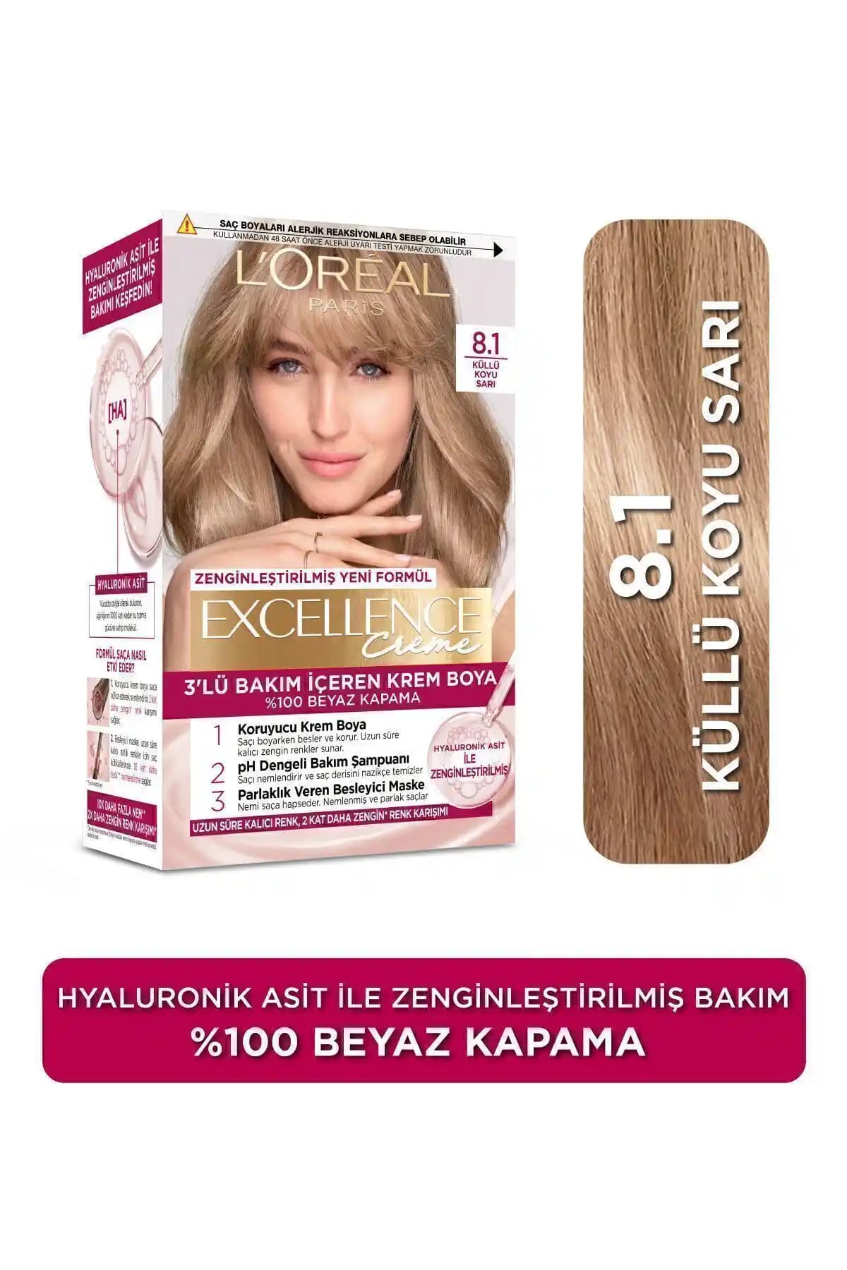 L'Oreal Paris Excellence Creme 8.1 Koyu Sarı Küllü Saç Boyası ile Kalıcı ve Doğal Görünüm