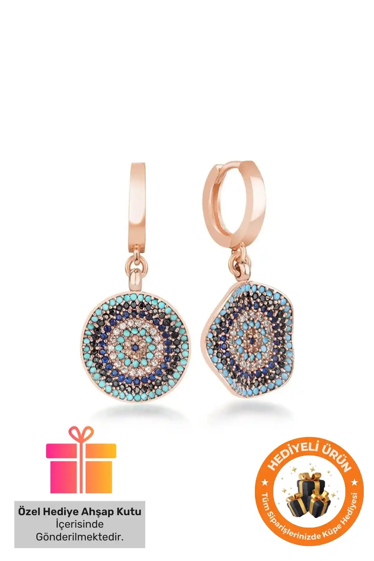 Lucente Jewellery 925 Ayar Gümüş Kaplama Nazar Boncuklu Rose Küpe Hediye Kutusunda