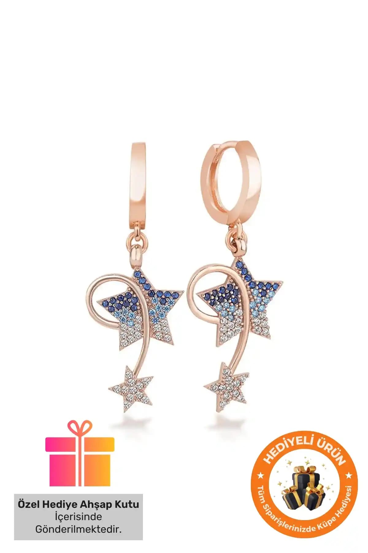 Lucente Jewellery 925 Ayar Gümüş Kaplama Pembe Yıldız Motifli Küpe Hediye Seçeneği
