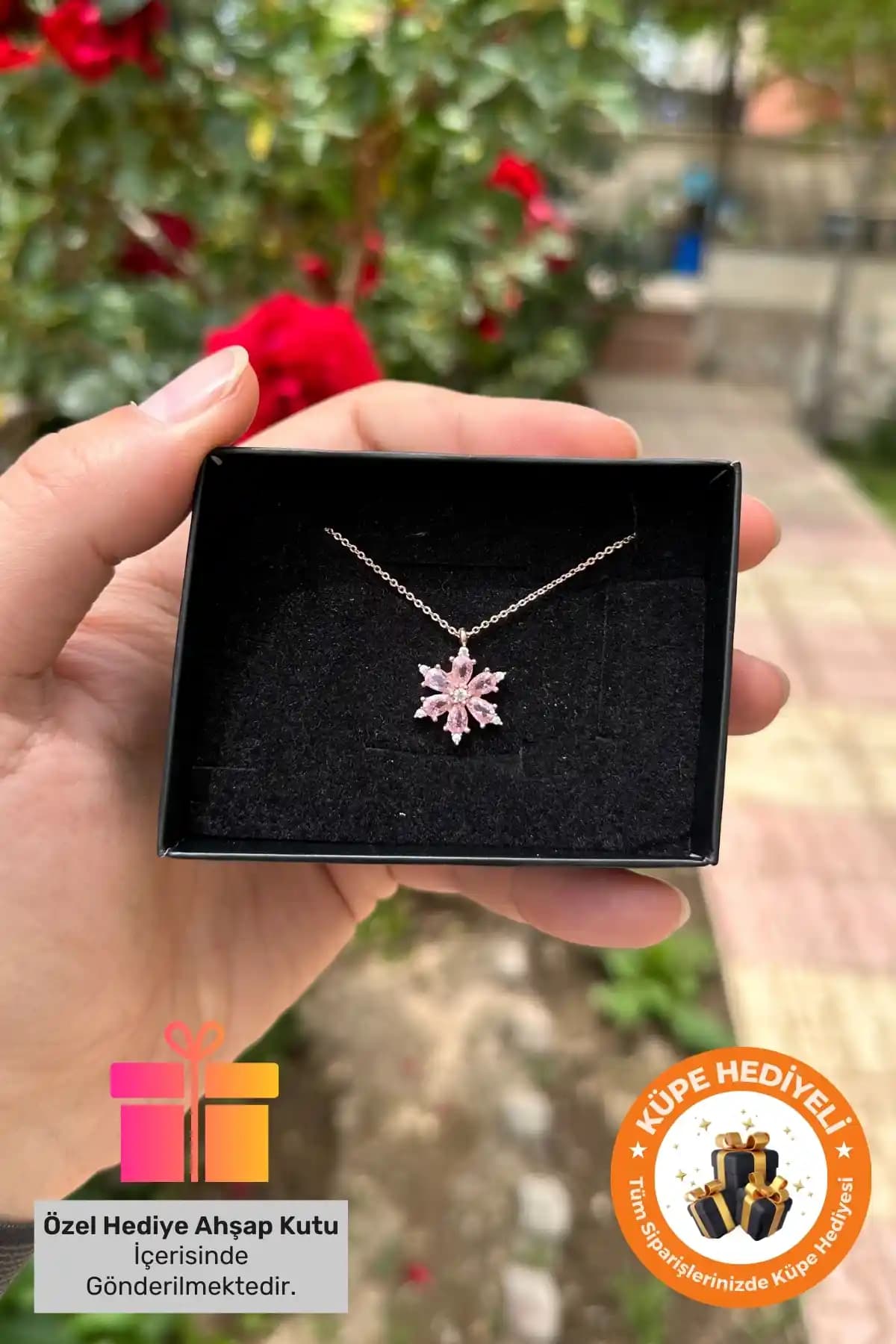 Lucente Jewellery 925 Ayar Pembe Lotus Gerçek Ametist Taşlı Kadın Kolye