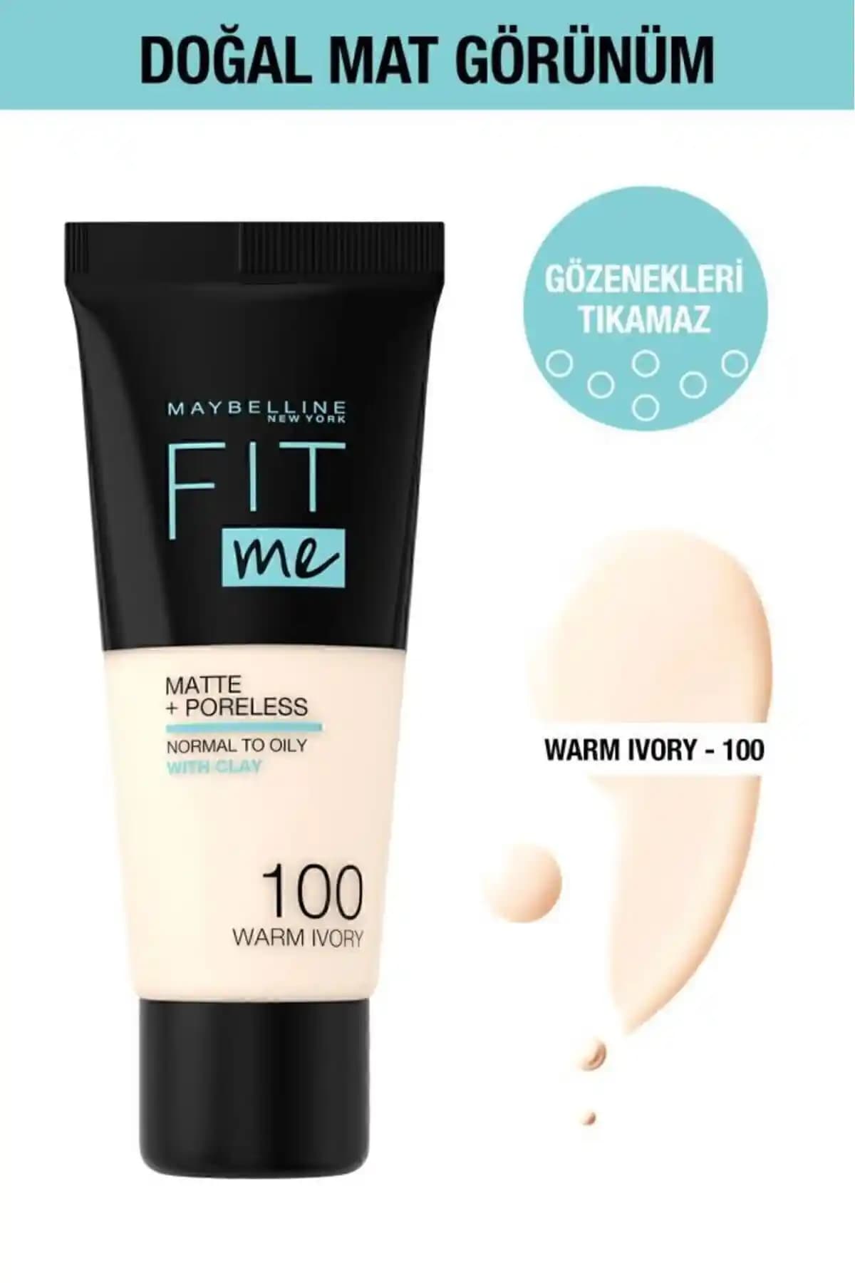 Maybelline Fit Me Matte Poreless Fondöten 100 Warm Ivory ile doğal ve mat cilt görünümü sağlama