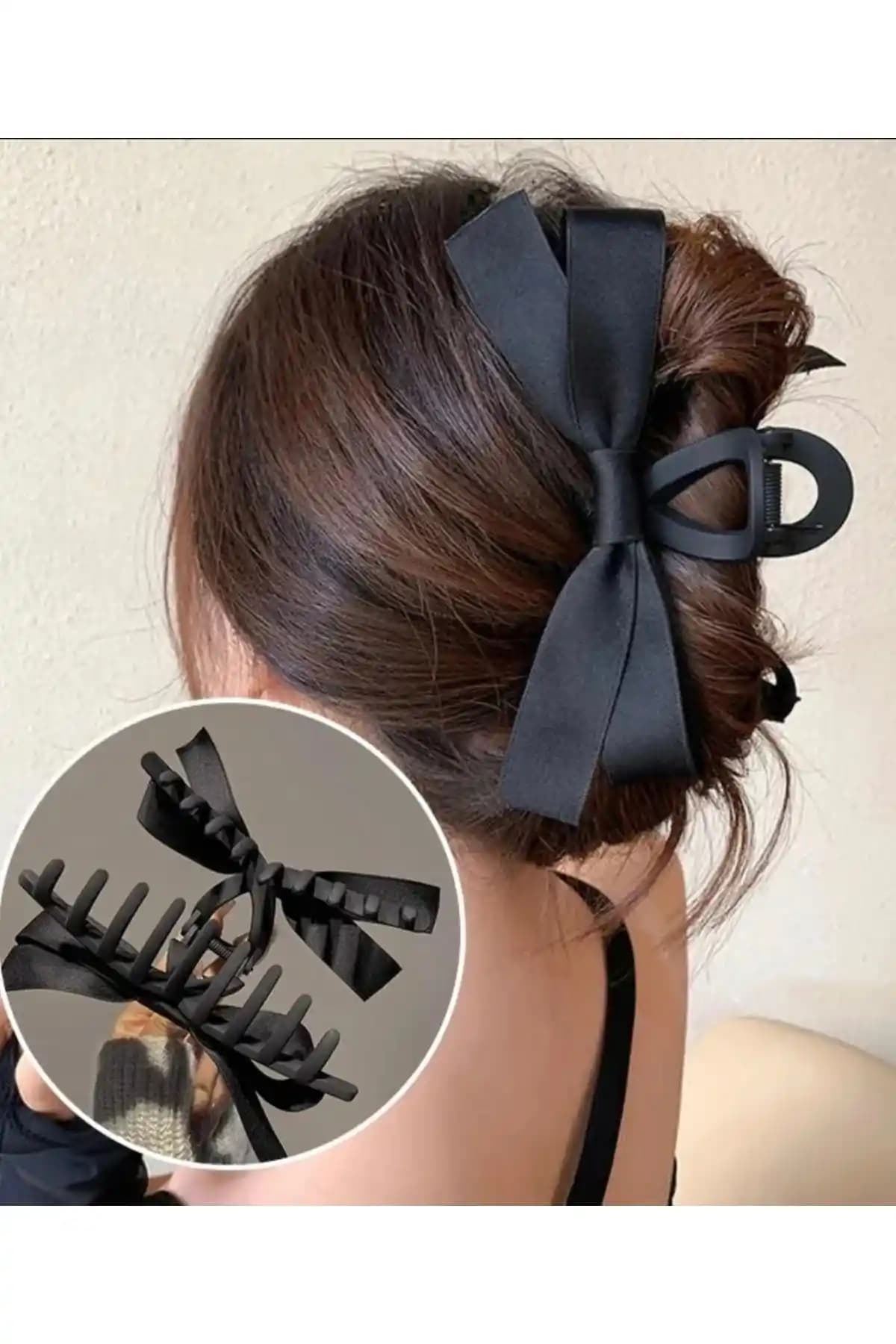 Monalisa Siyah Saten Çift Taraflı Fiyonk Mandal Toka Kadınlar İçin Şık ve Pratik Aksesuar