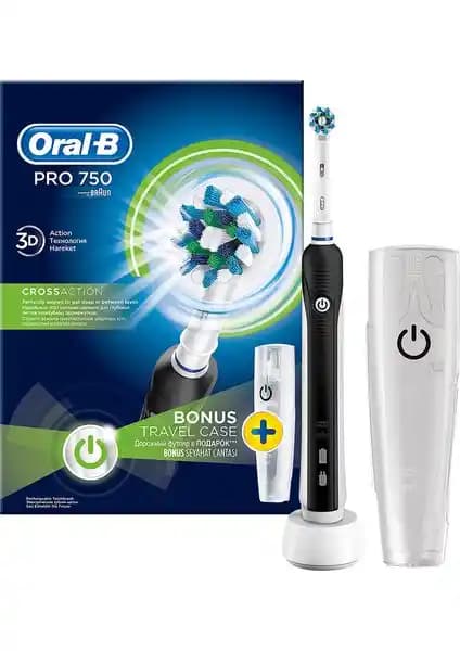 Oral-B Pro 750 Siyah Şarj Edilebilir Diş Fırçası ve Seyahat Kabı ile Yüksek Performanslı Temizlik