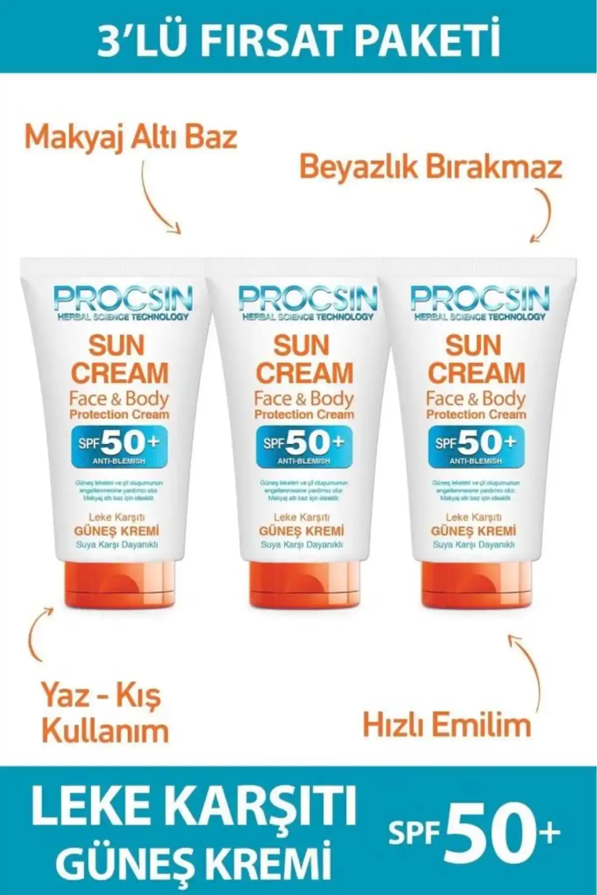 PROCSIN Güneş Kremi 50 ML 3'lü Fırsat Paketi Yüksek Koruma ve Cilt Bakımı İçin