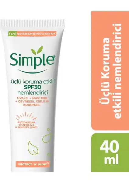 Simple Protect 'N' Glow Üçlü Koruma SPF30 Nemlendirici Cilt Parlaklığı ve Koruma Sağlar
