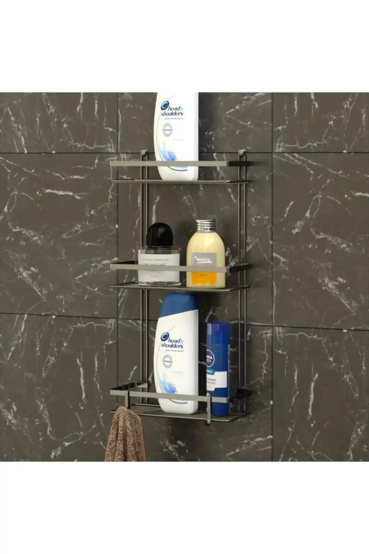 Teknotel 3 Katlı Kancalı Siyah Banyo Rafı Modern ve Dayanıklı Tasarım