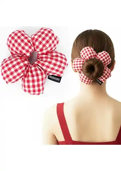 Woodycord El Yapımı Pötikare Desenli Scrunchies Toka Kırmızı Beyaz Şık ve Dayanıklı Saç Aksesuarı