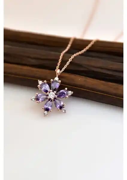 Zanaat Silver 925 Ayar Gümüş Ametist Taşlı Lotus Kolye Kadınlar İçin Zarif Tasarım