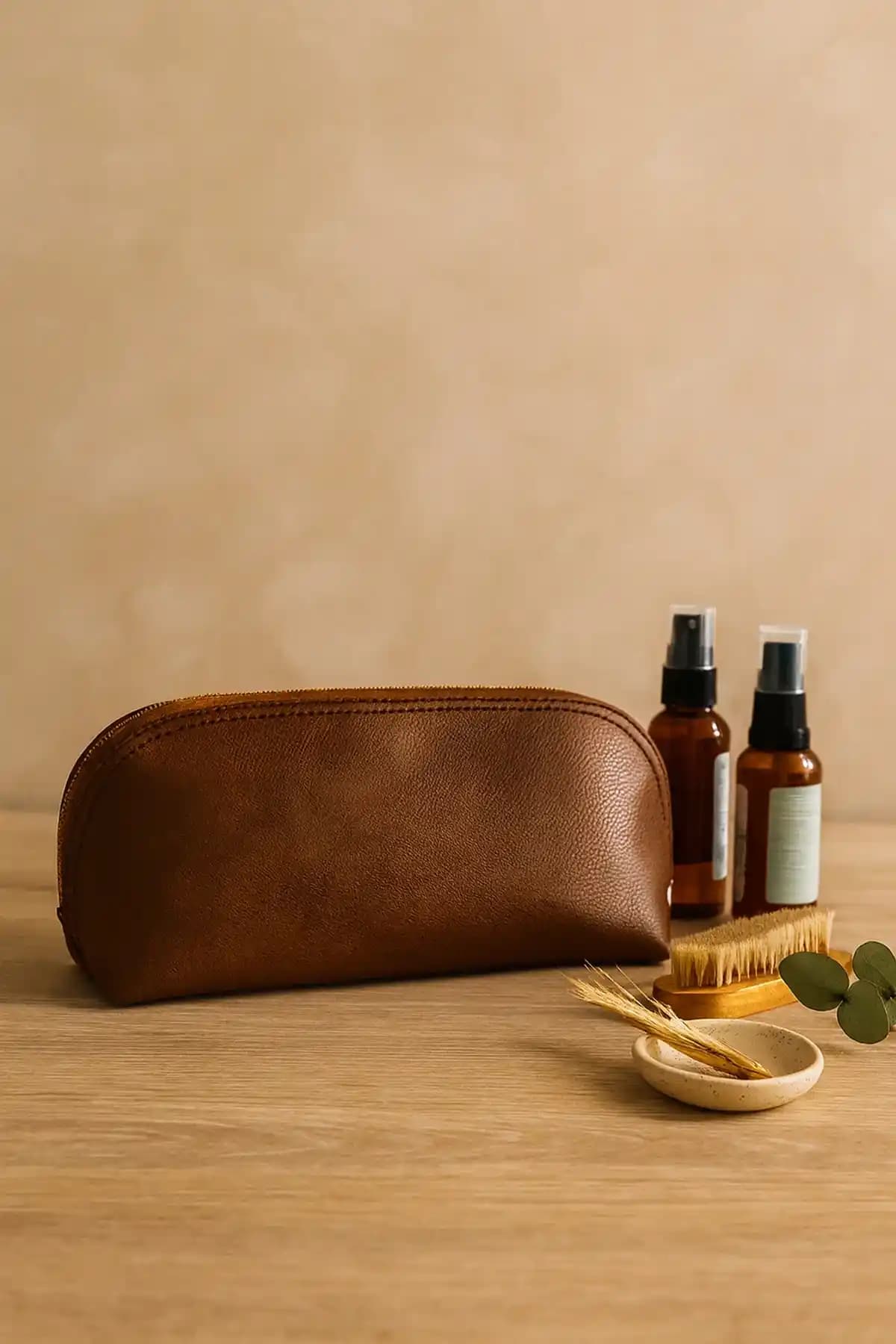 Kahverengi Suni Deri Makyaj Çantası: Şıklık ve İşlevselliğin Bir Arada Sunulduğu Pratik Seçenek