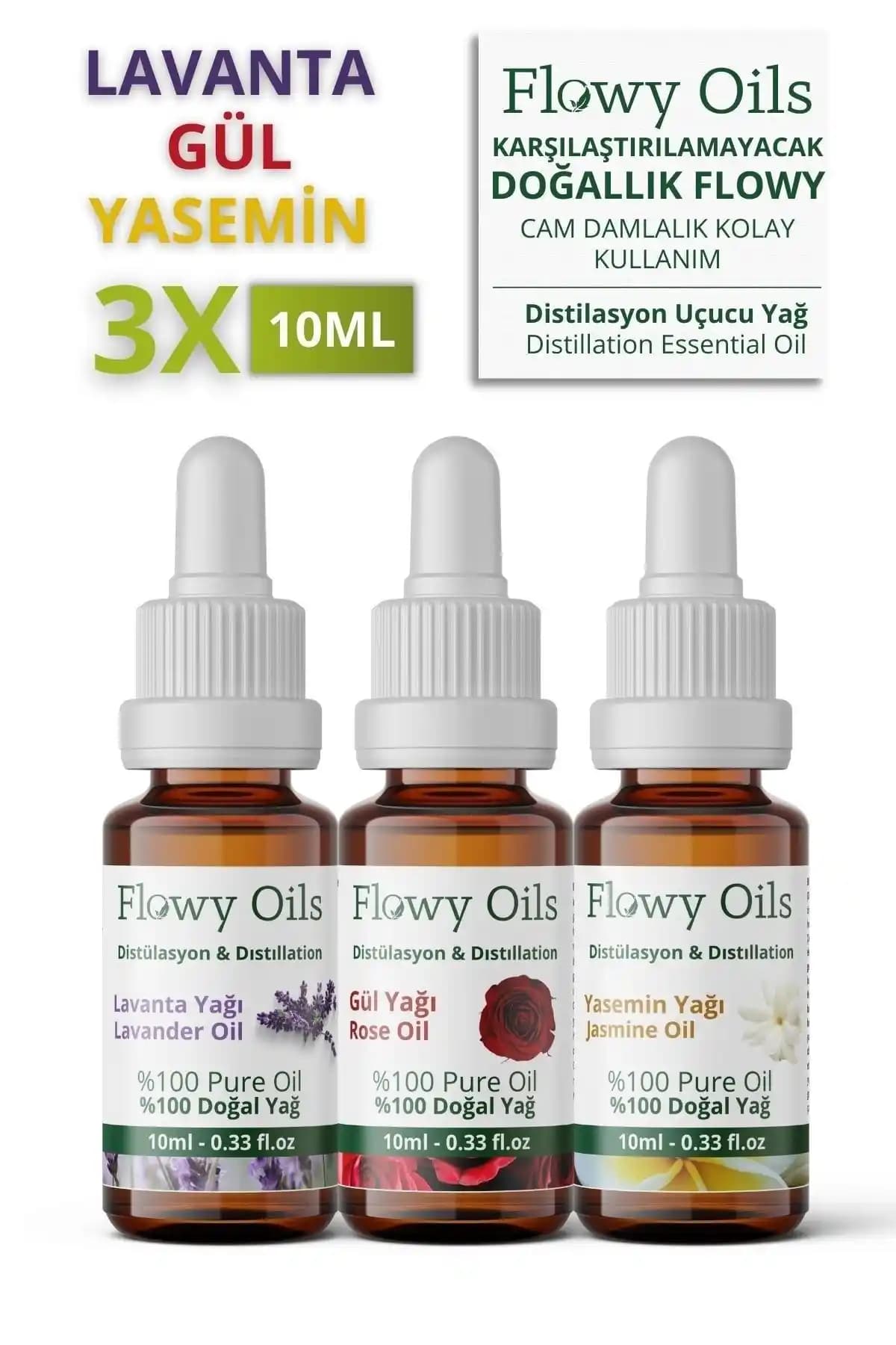 Flowy Oils Lavanta Yasemin ve Gül Yağı Seti Doğal Aromaterapi ve Güzellik Rutinleri İçin