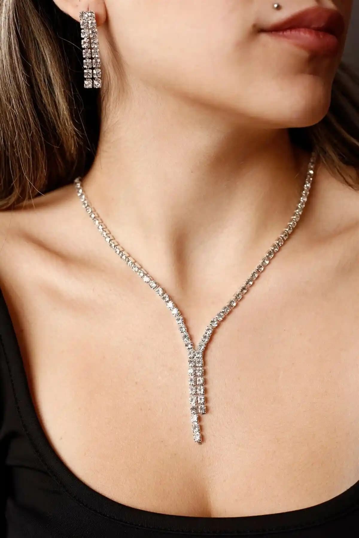 HUBANN Su Yolu Takı Seti Gümüş Kaplama Zarif Kolye ve Küpe Takımı