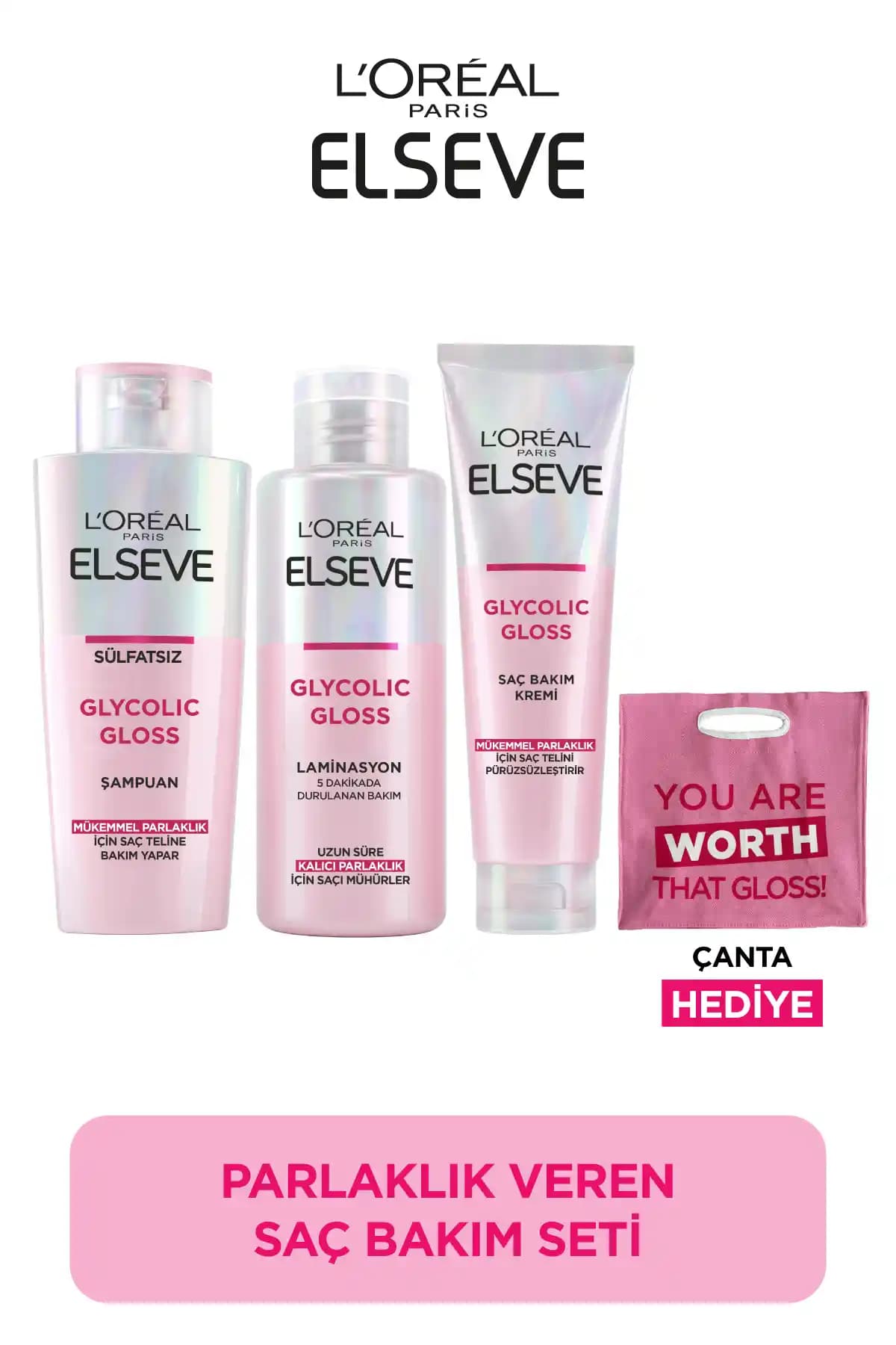 Elseve Glycolic Gloss 3'lü Saç Bakım Seti ile Parlak ve Yumuşak Saçlar