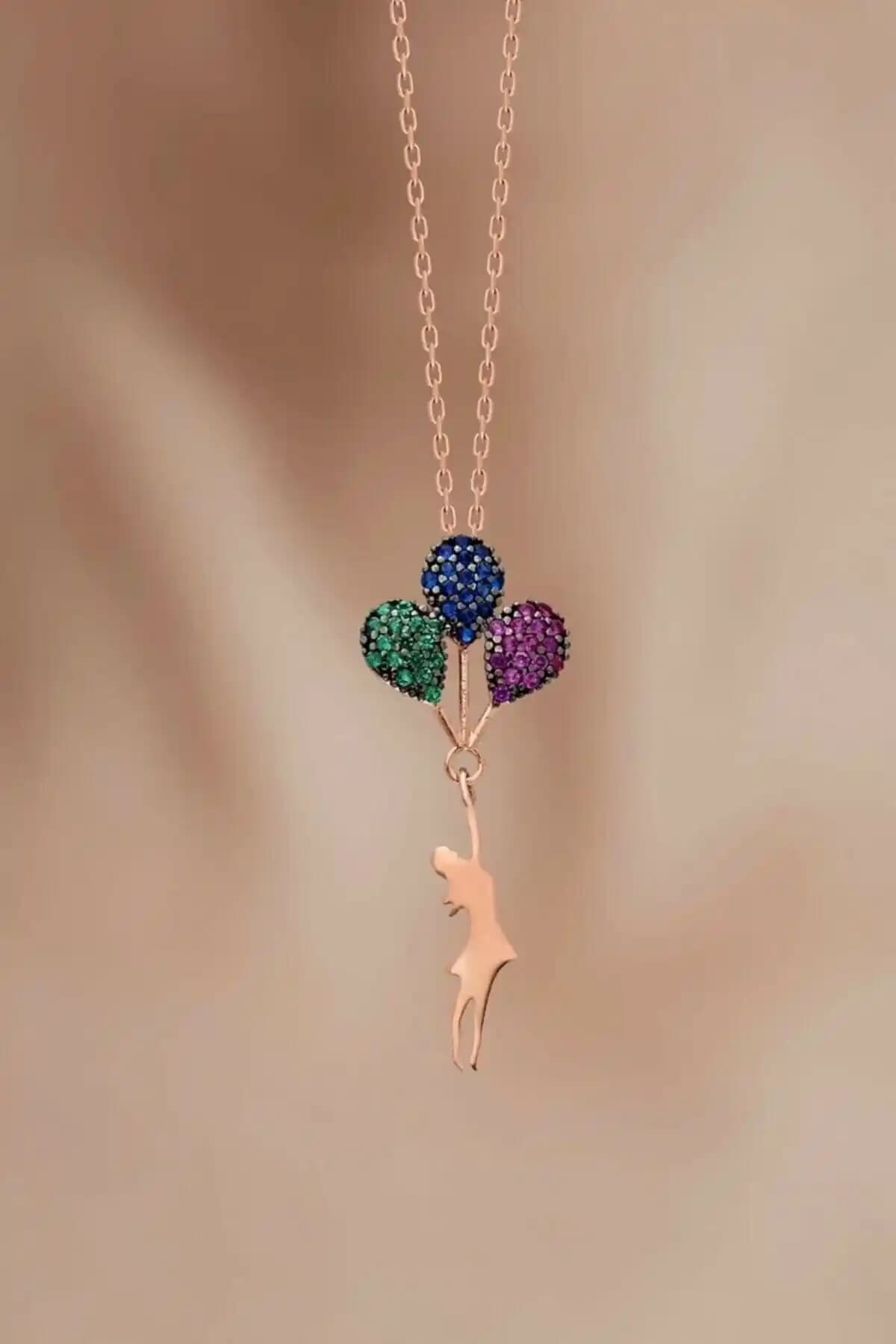 Bilsen Store 925 Ayar Güçlü Zincirli Rose Kaplama Kız Kolye ve Doğal Taş Detayları