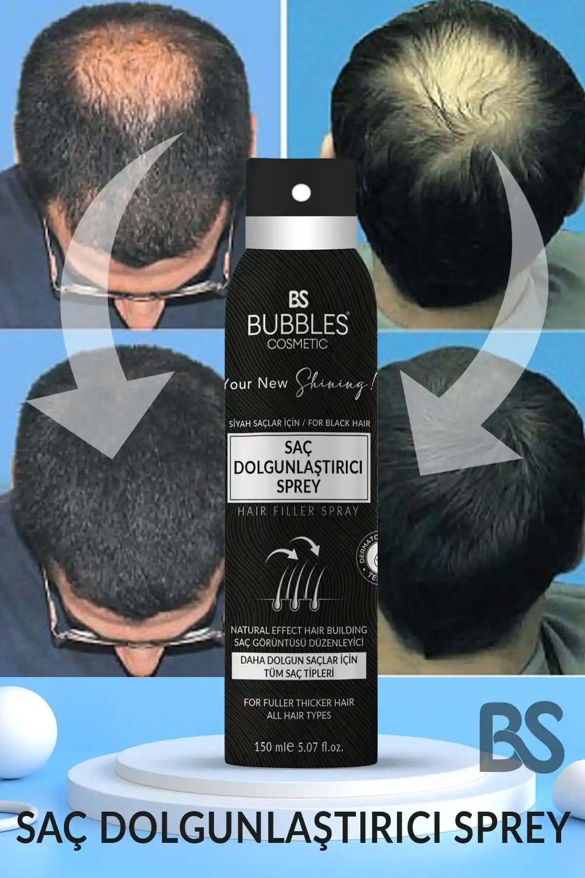 BS Bubbles Kozmetik Siyah Saç Dolgunlaştırıcı Sprey Waterproof İnce ve Seyrek Saçlar İçin Etkili Çözüm