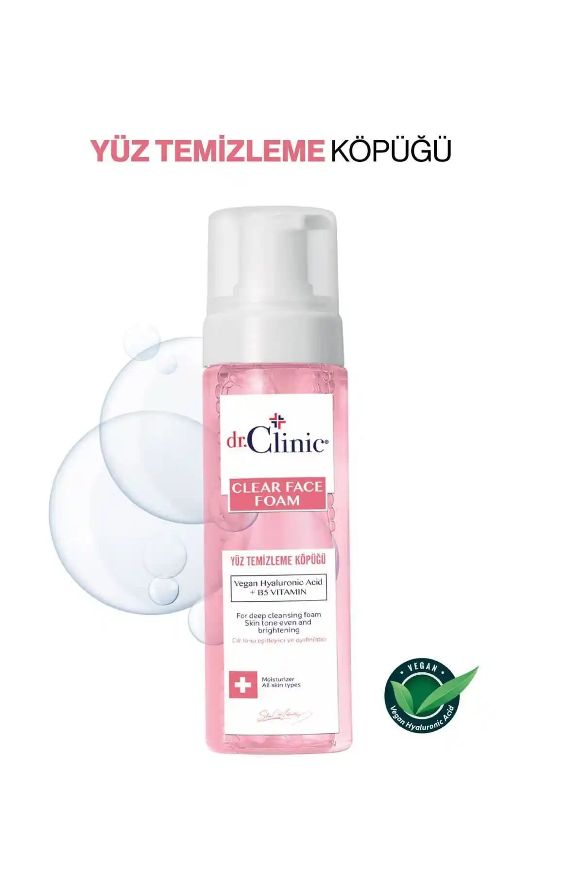 Dr. Clinic Yüz Temizleme Köpüğü 160 ml doğal ve nazik cilt temizliği sağlayan vegan formüllü ürün