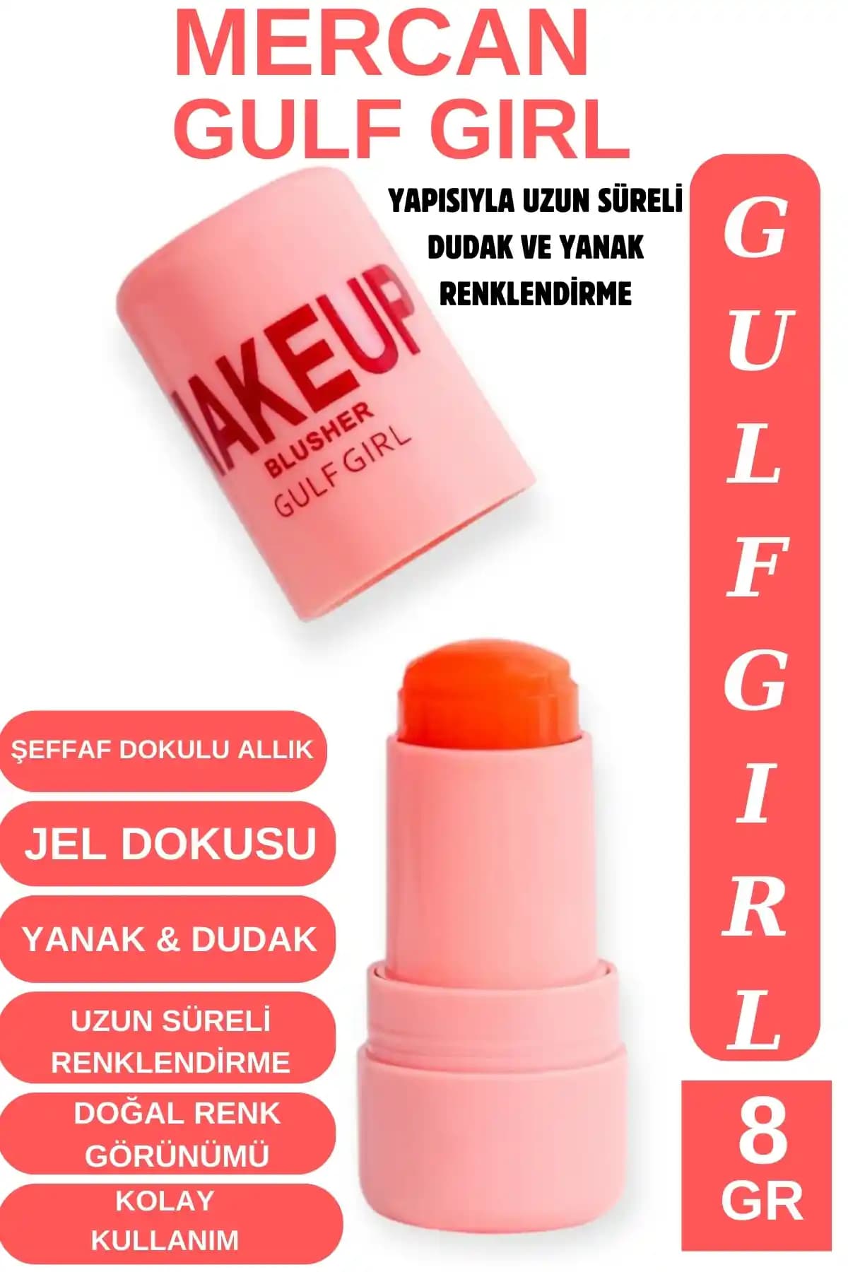 GulFlower Doğal Görünüm Dudak ve Yanak Renklendirici Allık Mercan 8 GR