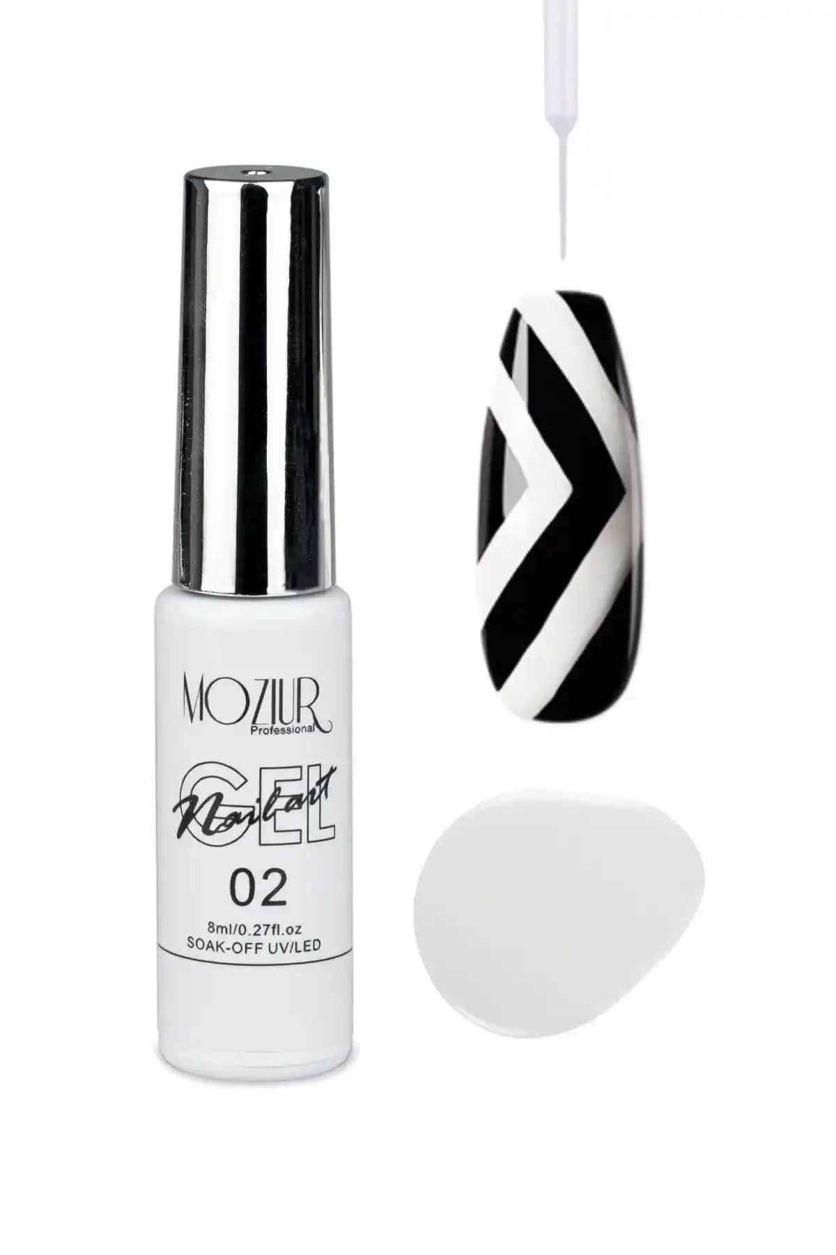 MOZIUR Nail Art Jel Beyaz İnce Fırçalı Tırnak Süsleme Jeli 8ml Profesyonel Kullanım