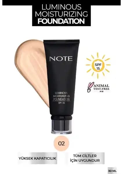 Note Luminous Moisturizing Fondöten 02 Natural Beige Kuru ve Hassas Ciltler İçin Nemlendirici ve Doğal Görünüm Sağlar