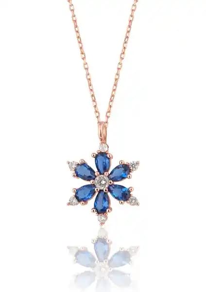 Zanaat Silver 925 Ayar Gümüş Zincirli Mavi Taşlı Lotus Çiçeği Kolye İnce Detaylar