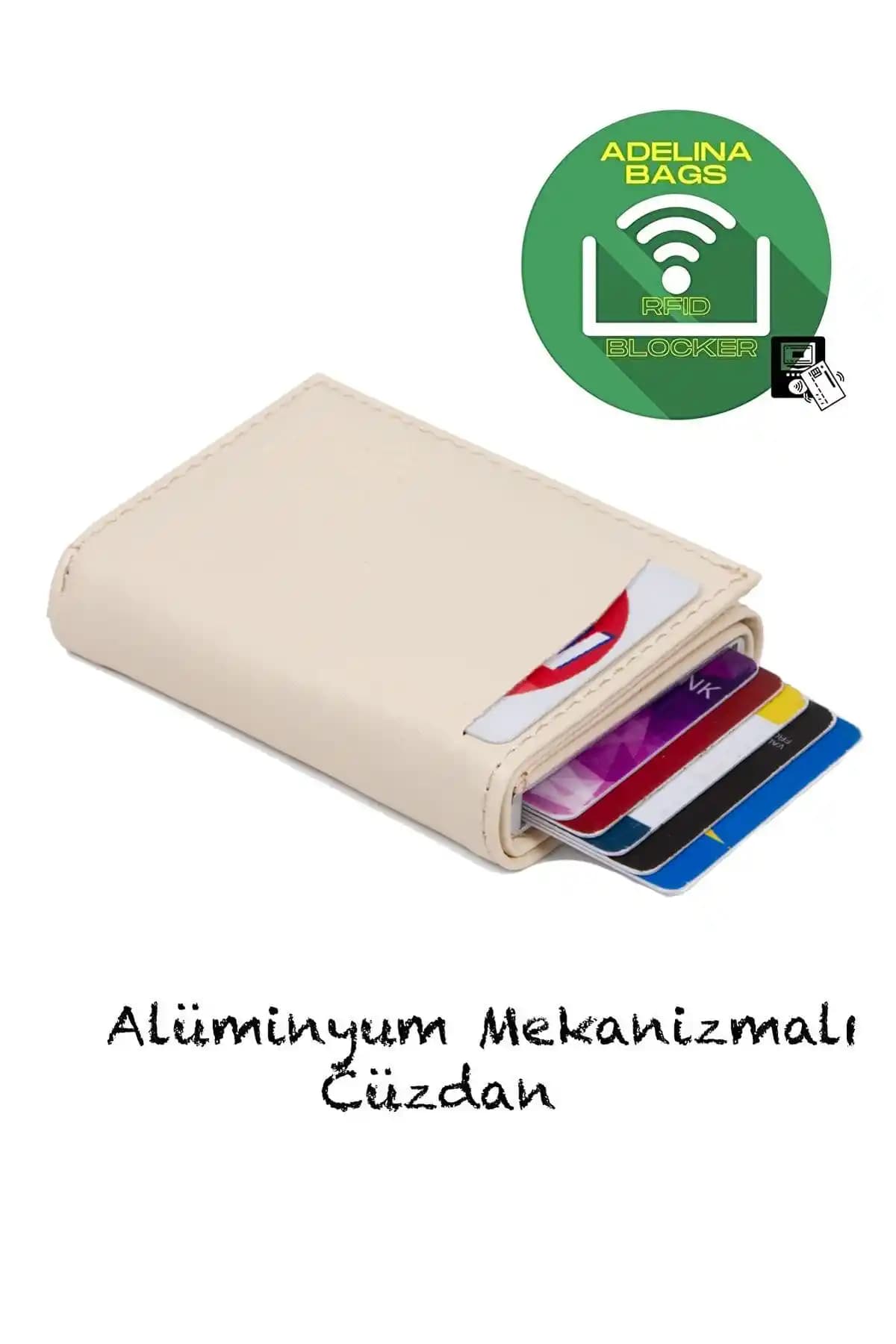 Adelina Bej Unisex Deri Kartlık Cüzdan Otomatik Mekanizmalı ve RFID Koruma Özelliğiyle
