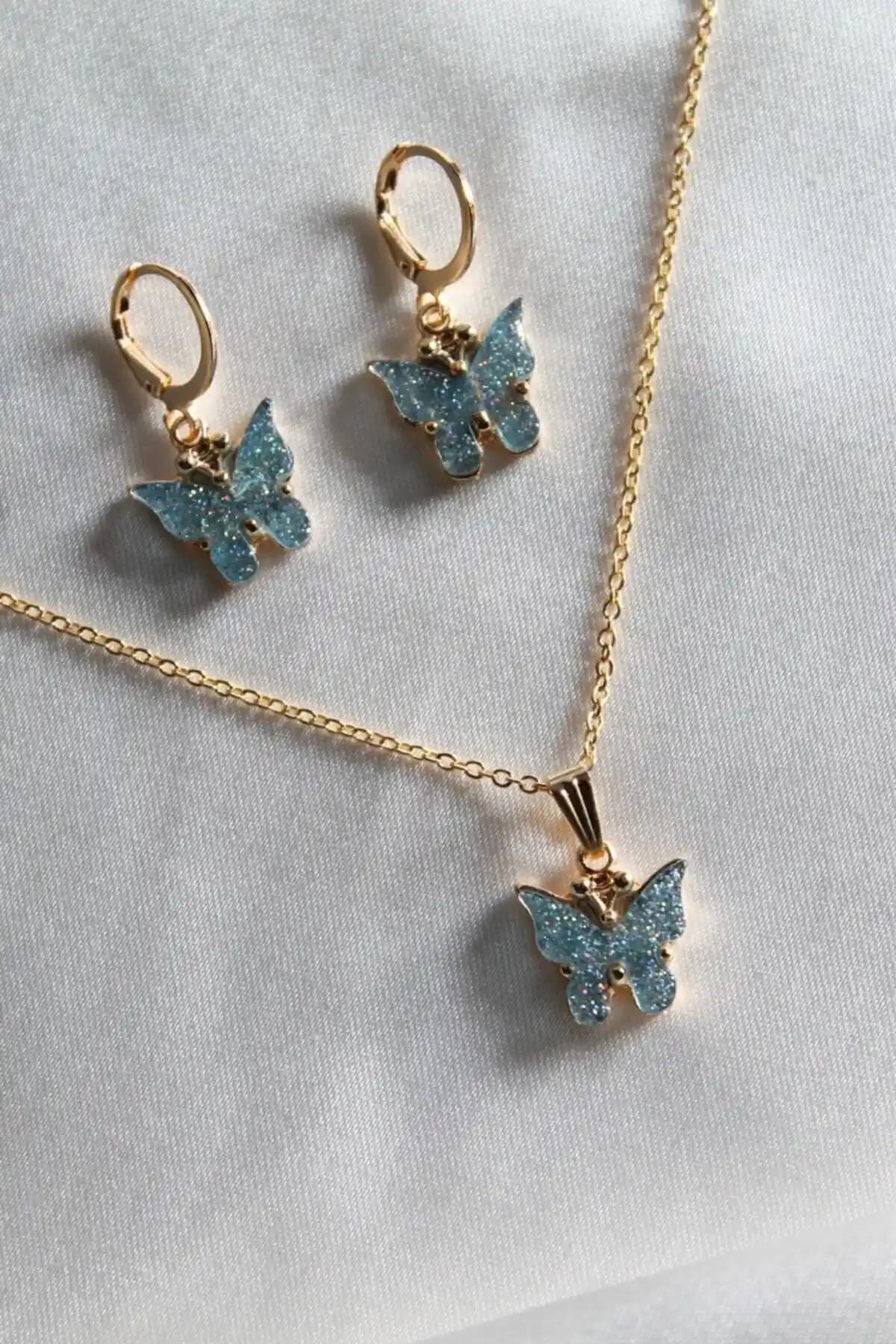 Remini Kadın Su Yeşili Işıltılı Kelebek Takı Seti Şık ve Dayanıklı Tasarım