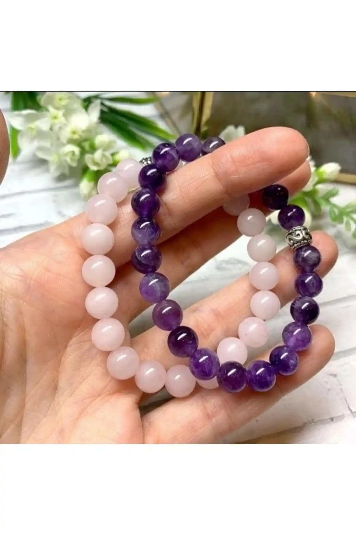 Sertifikalı Pembe Kuvars ve Ametist Doğaltaş Kombin Bileklik: Estetik ve Enerji Dolu Takı