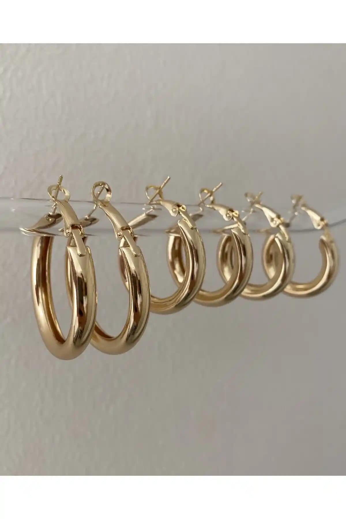 Stainles Steel Gold 3 Boy Çift 6'lı Halka Küpe Seti: Zarif ve Dayanıklı Takı Seçeneği