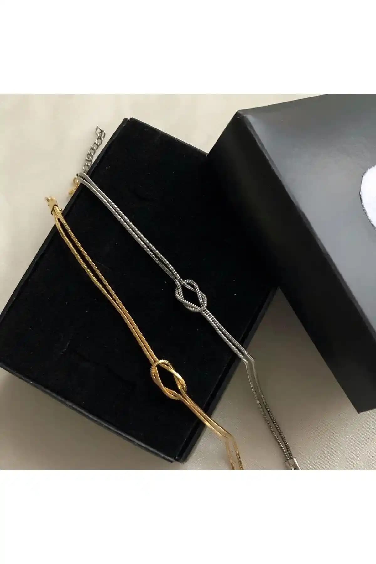 Takıcım Düğüm Çift Bileklik Altın Kaplama ve Gümüş Renkli Şık Tasarım