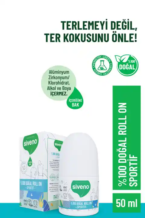 Siveno %100 Doğal Roll-on Sportif Sporcu Deodorant Ter Kokusu Önleyici Bitkisel Lekesiz Vegan 50 ml