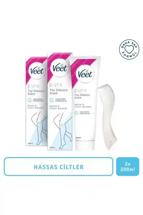 Veet Pure Tüy Dökücü Krem Hassas Ciltler için 200 ml x 2 Adet, Amonyaksız Ferah Koku, Daha Saf Formül