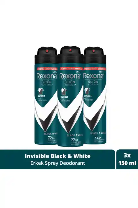 Rexona Men Erkek Sprey Deodorant Invisible Black & White 72 Saat Kesintisiz Üstün Koruma 150 ml X3