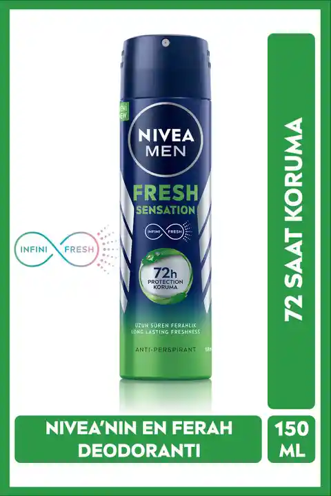 NIVEA Men Erkek Sprey Deodorant Fresh Sensation 150ml, 72 Saat Anti-perspirant Koruma, Uzun Süreli Koruma