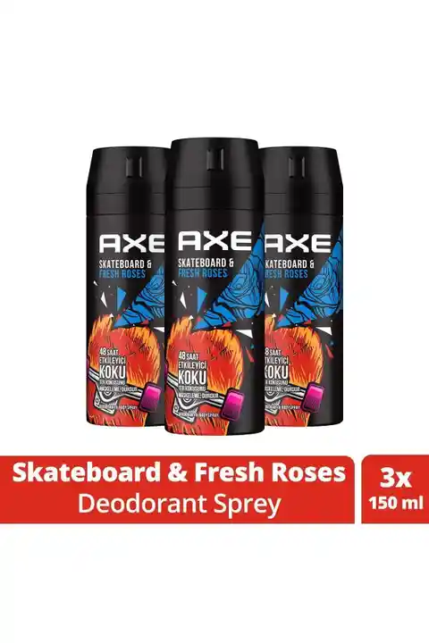 Axe Erkek Deodorant Sprey Skateboard & Fresh Roses 48 Saat Etkileyici Koku 150 ml X3 Adet