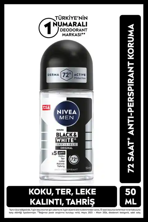 NIVEA Men Erkek Roll On Deodorant Black&white Invisible Original 50ml, 72 Saat Anti-perspirant Koruma