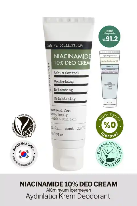 DERMA FACTORY Alüminyum İçermeyen %10 Niacinamide Aydınlatıcı Krem Deodorant Derma Factory Deo Cream