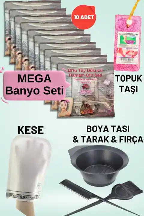ebitkisel 10 Paket Hamam Otu Toz Tüy Dökücü + Boya Kabı + Tarak + Fırça + Hamam Kesesi + Topuk Taşı Banyo Seti