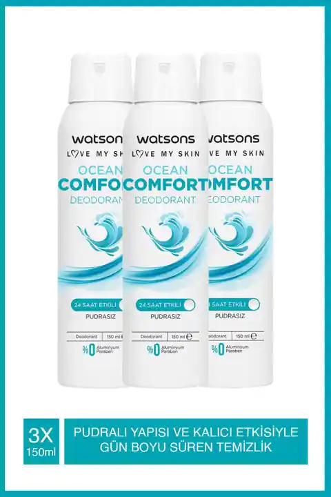 Watsons Ocean Comfort 24 Saat Etkili Pudrasız Deodorant Sprey 150 ml X3 Adet