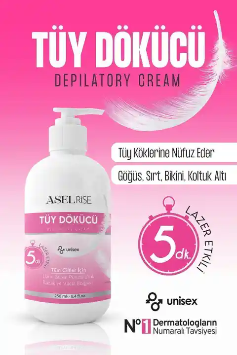 ASELRİSE Tüy Dökücü Ve Tüy Azaltıcı Tüy Alma Krem Tüm Cilt Tipleri Için Lazer Epilasyon Etkili 250 ml