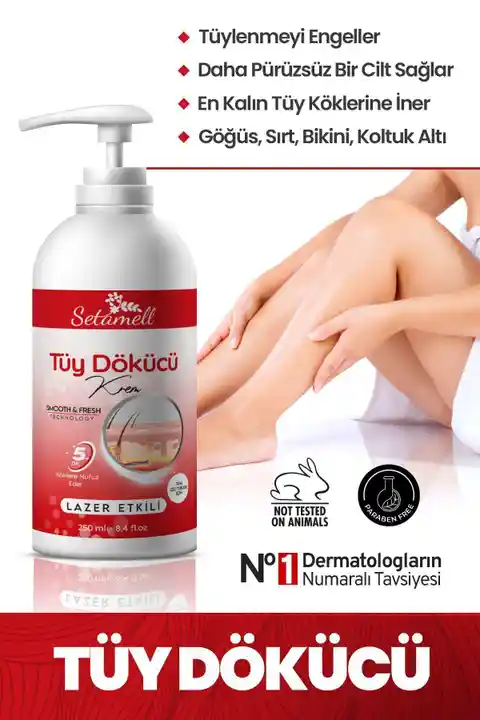 Setamell Lazer Etkili Tüy Dökücü Ve Tüy Azaltıcı Epilasyon Krem Tüm Cilt Tipleri Için (ÖZEL FORMÜL) 250 ml