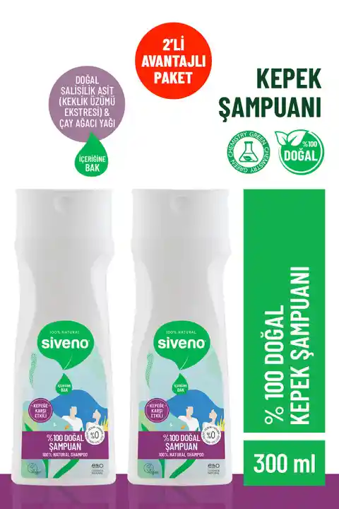 Siveno %100 Doğal Kepeğe Karşı Etkili Şampuan Yağlı Saçlar Çay Ağacı Keklik Üzümü Vegan 300 ml X 2 Adet