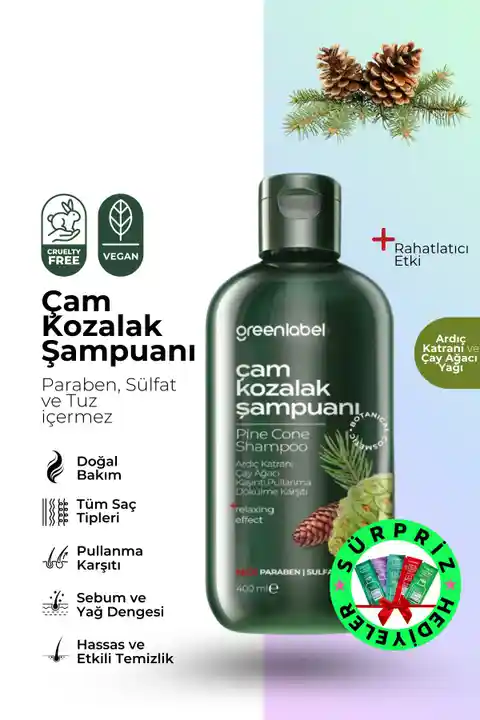 Green Label Çam Kozalak Çay Ağacı Özlü Ve Ardıç Katranlı Tuzsuz Parabensiz Sülfatsız Kepek Karşıtı Şampuan 400ml