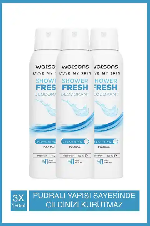 Watsons Shower Fresh Pudralı 24 Saat Etkili Deodorant Sprey 150 ml 3 Adet